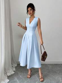 Gloray 女士 V 领无袖褶皱长裙 - 藍色 - 查看 4