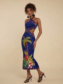 Travachic 女士热带印花挂脖紧身连衣裙，休闲度假沙滩装