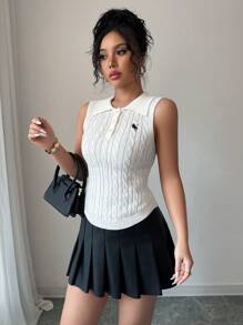 Chiquease New Simple Korean Style Sleeveless Pure Linen Knitted Polo Neck Embroidered Pullover Sweater For Women, Spring/Summer - White - View 8