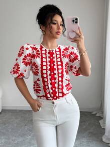 Chiquease Camisa de mujer de mangas cortas abullonadas con cuello redondo y estampado floral para vacaciones - Multicolor - Ver 1