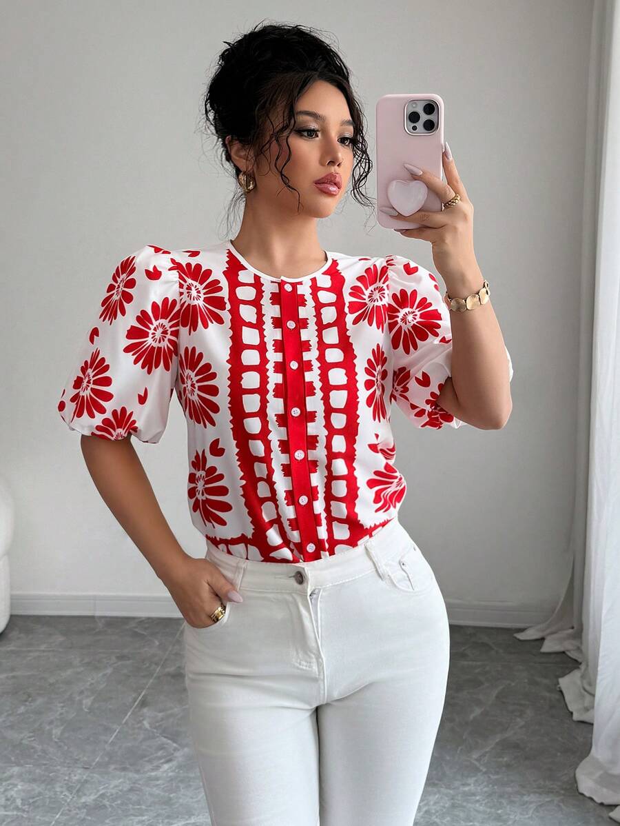 Chiquease Camisa de mujer de mangas cortas abullonadas con cuello redondo y estampado floral para vacaciones - Multicolor - Ver 1