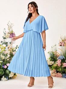Cravure Plus Size Women Elegant Solid Chiffon Pleated Waist A-Line Midi Dress Wedding Day Wedding Guest