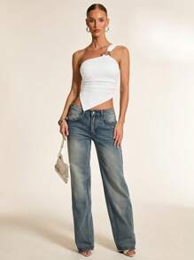 Glamine Parte superior de punto con anilla metálica y dobladillo asimétrico para mujer, adecuada para salidas, fiestas, reuniones y conciertos