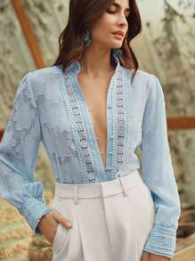 Anewsta 女士优雅现代拼布透明提花灯笼袖立领衬衫，适合情人节、度假、新年、春季、休闲 - 藍色 - 查看 7