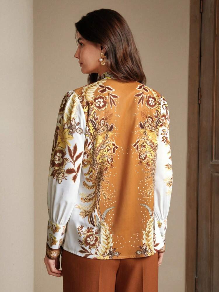 Luxury French Design Elegant Puff Print Women Blouse, Suitable For Spring, Festival, Vacation, Holiday