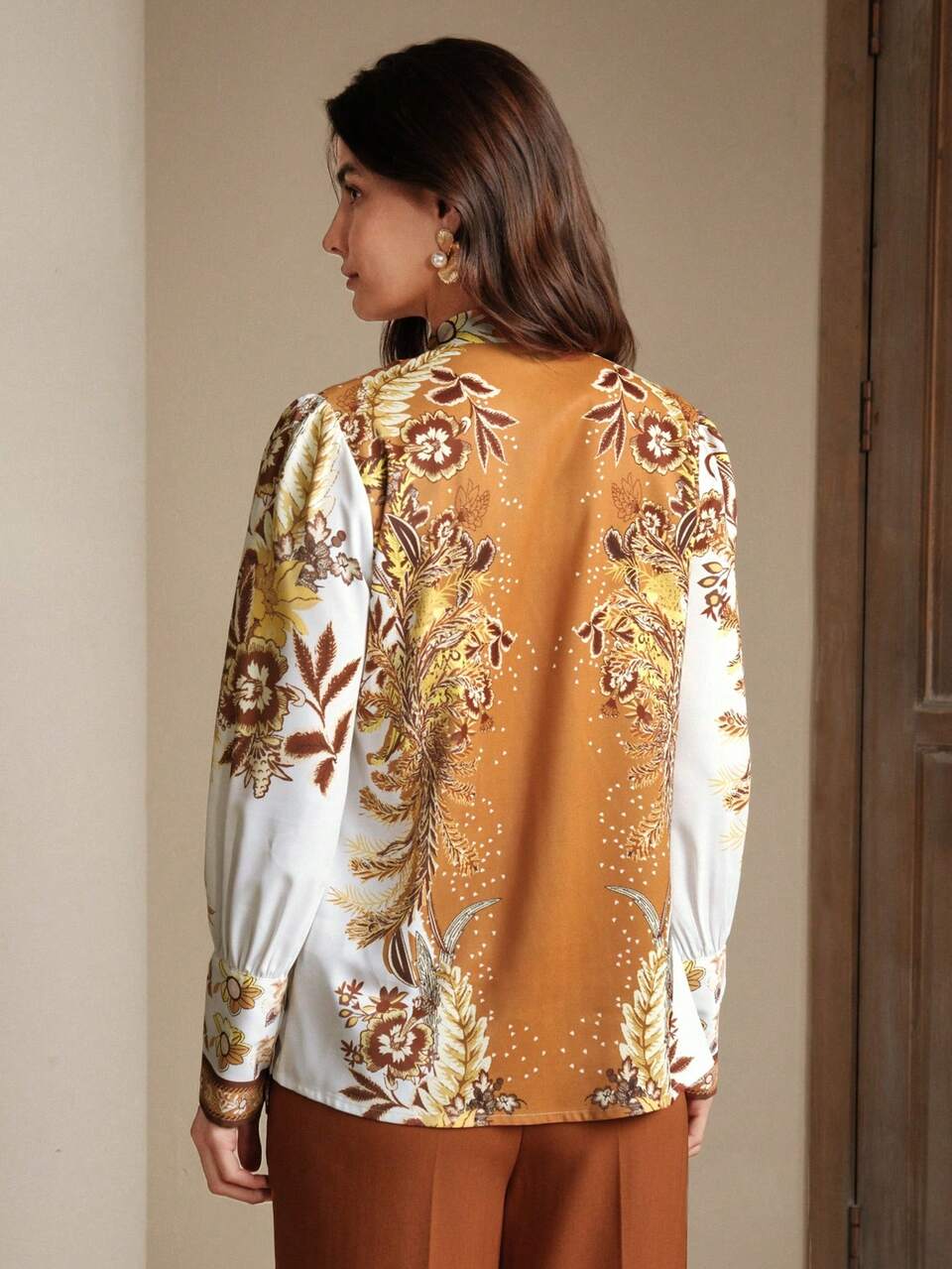 Luxury French Design Elegant Puff Print Women Blouse, Suitable For Spring, Festival, Vacation, Holiday
