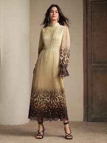 Anewsta Vacation Vibe Leopard Gradient Print Pleated Women Dress - Coffee Brown - View 4