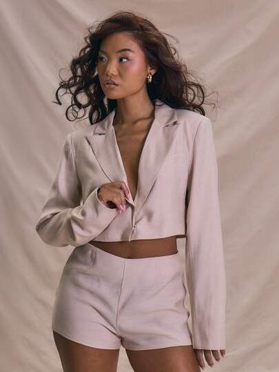 MUSERA V-Neck Linen Cropped Blazer Top Only Summer Vacation Holiday Spring Elegant Cute Beach