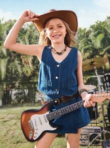 SHEIN Y2K 风格少女合身牛仔短款上衣和裙子套装，百搭休闲设计适合日常穿着 - 中等水洗藍 - 查看 4