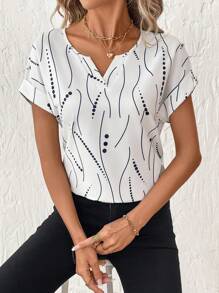 SHEIN Clasi Women's Casual V-Neck Polka Dot Print Short Sleeve Blouse - White - View 2