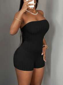 Slaydiva Women's Ribbed Strapless Jumpsuit Jumpsuit Shorts - Style A - Black - View 7