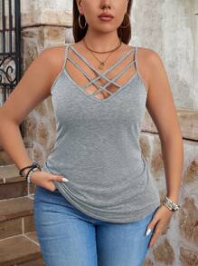 SHEIN LUNE 大码女式纯色休闲交叉吊带背心 - 淺灰色 - 查看 5