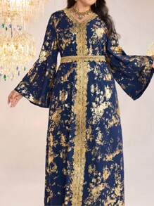 Al Najma Vestido largo de estilo árabe con estampado de lámina de oro y mangas acampanadas para mujer de talla grande