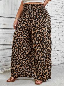SHEIN CURVE+ 大码花卉豹纹高腰阔腿裤，适合夏季、海滩、音乐节 - 彩色 - 查看 9