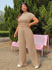 SHEIN EZwear Plus Size Gestructureerde Gebreide Top en Trekkoordbroek 2-delige Set, Casual