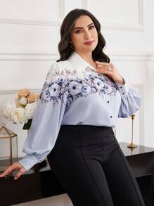Modelyn Plus Size Elegant Floral Print Blouse For Autumn - Multicolor - View 1