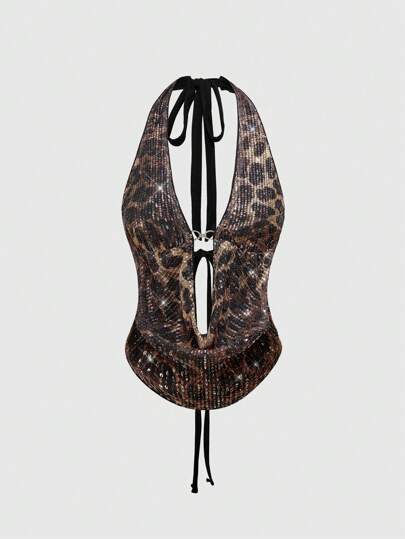 J-Fashion سترة كاميه سيكسي من قماش الترتر بطبعة نمر، بأسلوب موسيقى المهرجان