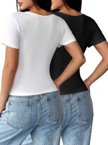 Chiquease Áo thun nữ cổ tròn, eo ôm, tay ngắn, nhẹ, cơ bản - Đen và trắng - Xem 2