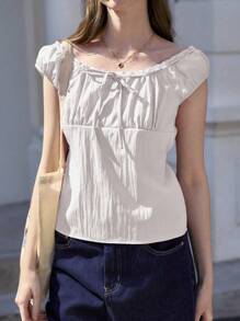 Jouncy Women's Solid Color Front Tie Raglan Short Sleeve Casual T-Shirt - White - View 5