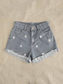 Breezaya 休闲水洗雏菊刺绣牛仔短裤 - 灰色 - 查看 4