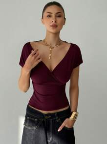 Aloruh 女士深红色 T 恤，性感蕾丝透视后背细节 - 酒紅色 - 查看 7