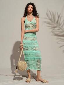 SHEIN Unity Women's Sexy Vacation Hollow-Out Tassel Graceful Elegant Tie-Up Halter Maxi Dress,Vacation Outfits Woman,Beach Outfits For Woman,Summer Dress