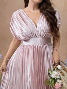 SHEIN Unity New Elegant Ruched Fitted Long Vacation Style Satin Solid Color Heavy Ruched V-Neck Gathered Waist Pleated Dress Women Formal Party Gown - Champagne - View 6