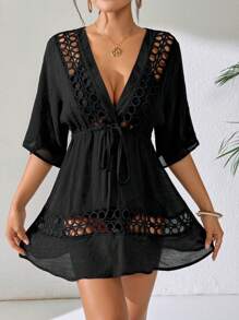 Swim Lushoire Women's Black Deep V-Neck Casual Cover Up For Spring & Summer