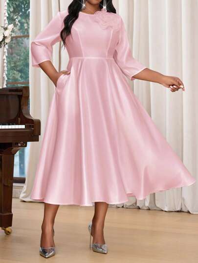 SHEIN Lady Spring And Summer Elegant Commuting Office Party Wedding Cocktail Party Concert/Music Festival White Woven Satin Round Neck Flared 3D Rose Fit And Flare Dress Midi Three Quarter Length Sleeve Plus Size Dresses Elegant Women Dresses Classy Outfits Elegant Dress Wedding Flowy Dress