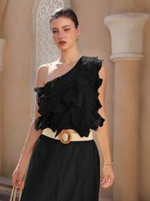 Aveloria Rosie Elegant Elegant Milady Valentine's Asymmetric Ruffle Shoulder Sleeveless Cropped Top For Women   Old Money Style For Summer Spring Fall Autumn - Black - View 3