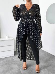 Elenzga Plus Size Women's Elegant Black Dot Print Chiffon Long Sleeve V-Neck High-Low Hem Blouse & Fitted Long Pants 2 Pieces Set - Black - View 4