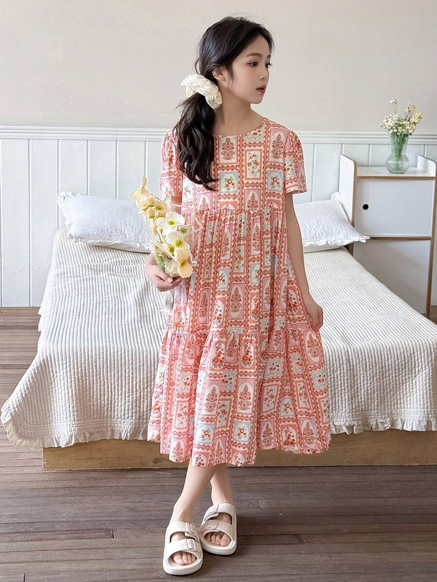 Dazy Kids 少女碎花短袖圆领家居服套装，夏季，返校季，假期，复活节 - 彩色 - 查看 1