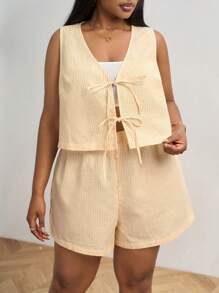 SHEIN PETITE CURVE 大码休闲抽绳背心和短裤 2 件套 - 黃色 - 查看 6