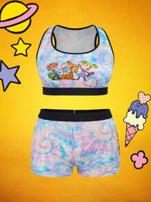Nick 90s | SHEIN 大码舒适扎染卡通图案装饰文胸和内裤套装