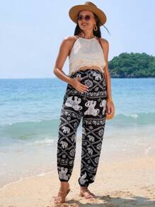 SHEIN Spodnie Harem Retro Print dla kobiet w ciąży na wakacje na plaży