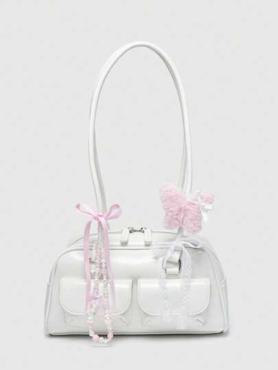 Kawaii Women's Retro Cute Plaid Bowknot Decor Tie Cherry Heart Ornament Shoulder Underarm Handbag With Multiple Pockets Boston Shoulder Bag