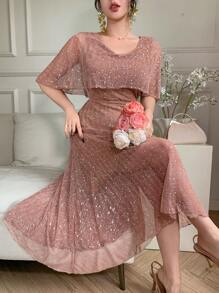 DAZY Đầm maxi nữ màu trơn cổ chữ V thanh lịch viền bèo nhún, dáng dài ngang gối, đầm dạ hội sang trọng, đầm đính sequin lấp lánh. - Rượu sâm banh - Xem 4