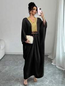 Elenzga Drop Shoulder Linen Mandarin Collar Long Dress - Black - View 4