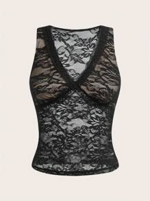 SHEIN EZwear Women's Summer Casual Western Music Festival Vintage Black Sexy Transparent V Neck Lace Cropped Tank Top