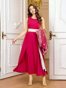 SHEIN Wine Red Women's Elegant Printed Long Dress With Long Jacket And Belt, 3-Piece Set,Modest - Burgundy - View 6