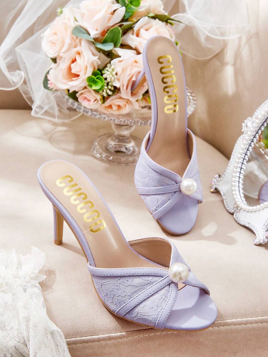 CUCCOO HITCHD 女士圆头珍珠缀饰细高跟蕾丝凉鞋 - 紫色 - 查看 1