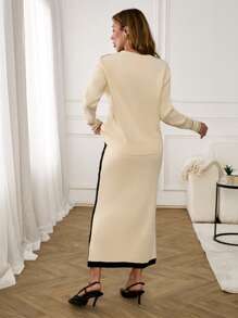 EURMUSE Women Peter Pan Collar Front Button Cardigan & Sweater Skirt Set,Petite,Winter Clothes - Beige - View 2