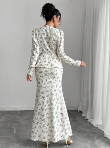 Modelyn 2pcs Women Ditsy Floral Long Sleeve Blouse And Midi Skirt Set, Elegant Holiday Outfit