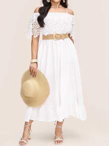 Comfylo 大码女式优雅撞色蕾丝插袋长裙 - 白色 - 查看 5