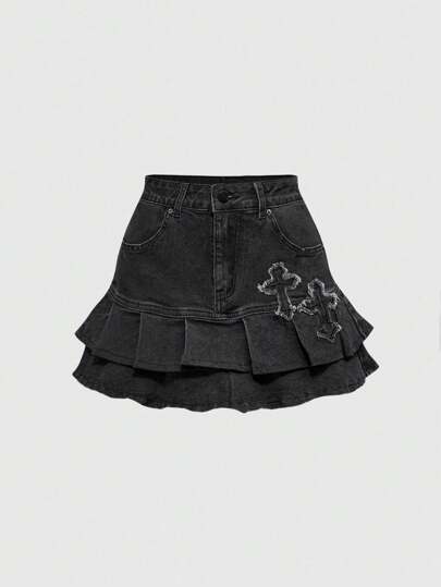Grunge Punk Summer Y2K Vintage Music Festival Vacation Distressed Cross Embroidered Women's Double Layered Hemline Black Denim Mini Skirt
