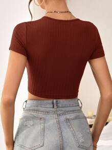 SHEIN Essnce Áo thun ngắn tay ôm sát thiết kế chữ thập trơn dành cho nữ - Màu Đỏ Sâu - Xem 2