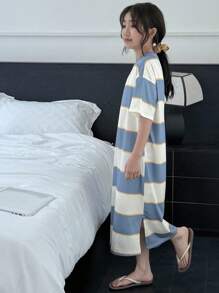 Dazy Kids 青少年女孩条纹短袖针织家居服套装，夏季 - 藍色 - 查看 7