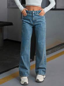 EURMUSE Comfort High Waist Straight Leg Jean Tinted Women S Outfits Work Outfits For Women Jean Outfit Women Women S Cargo Pants Women S Sets Women Clothing Y2k Women Summer Clothing Woman S Summer Clothes Women Summer Sets - Medium Wash - View 5