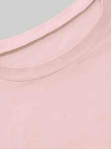 INAWLY 2pcs/Set Women Solid Color Round Neck Short Sleeve T-Shirt And Shorts - Pink - View 3