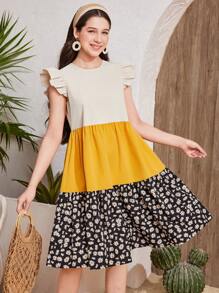 SHEIN Áo chui đầu đi nghỉ thường ngày cổ tròn mùa xuân và mùa hè cho bé gái tuổi teen có tay bồng, váy chữ A rộng rãi màu vàng kaki, váy đi biển, kỳ nghỉ bên bờ biển, váy đi nghỉ/phong cách Bohemia/Boho/quần short cho trang phục đi nghỉ hè/bãi biển - Nhiều màu - Xem 6